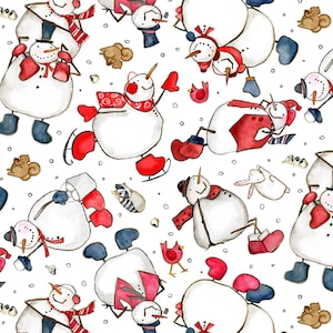May include: A white fabric pattern featuring watercolor illustrations of snowmen wearing red scarves, hats, and mittens, interspersed with small brown squirrels, white rabbits, raccoons, and red birds against a backdrop of scattered black dots.
