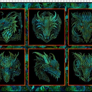 May include: Fabric panel featuring six dragon illustrations in shades of teal and green with red eyes, set against a black background. The dragons are framed in orange and set on a teal and green patterned background.