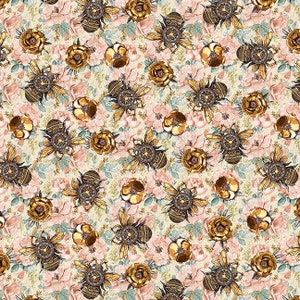 Bees on Flowers Cotton Fabric, Time Travel 3009-22, Fat Quarter FQ Eighth By The Yard BTY Vintage Steampunk Ephemera Goth Bee Clock Precuts