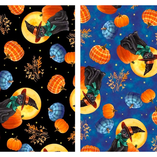 Cat & Pumpkin Toss Halloween Cotton Fabric, Abra-Cat-Dabra QT Fabrics Black Cats FQ Fat Quarter Eighth by the yard BTY Moon Witch hat witchy