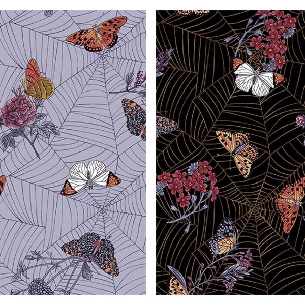 Cobweb and Moths Halloween Cotton Fabric Bones Collection 7115 Studio E Gothic Fall Floral Moth Spiderweb FQ Fat Quarter Eighth by the BTY