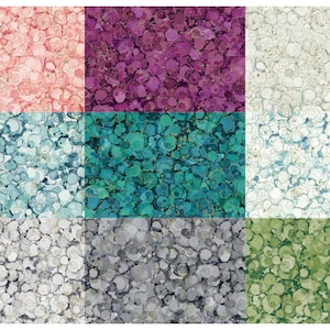 May include: Nine square tiles with a marbled pattern in various colors, including pink, purple, teal, blue, gray, and green. Each tile has a unique pattern of small, round shapes.