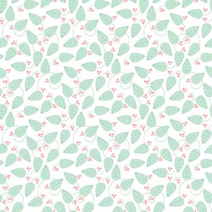 May include: A seamless pattern featuring a repeating design of light green leaves and small pink berries. The pattern is on a white background.