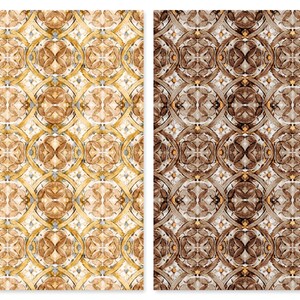 May include: Two seamless patterns with intricate geometric designs in shades of brown and gold. The patterns are reminiscent of traditional tile work.