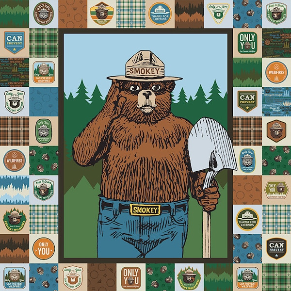 Smokey Bear Only You Panel Cotton Fabric, P14646 Riley Blake, National Park Nature Wall Hanging Patches Licensed Forest Camping Camper Decor