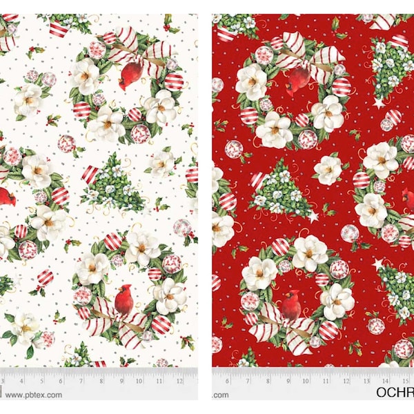 Tossed Wreaths Cotton Fabric 05061 Ornamental Christmas P&B Textiles Holiday Magnolia Red Cardinal Decor Fat Quarter FQ by the Yard BTY half