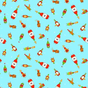 May include: A seamless pattern featuring cartoon hot sauce bottles and other food items on a light blue background. The hot sauce bottles are red and have various expressions on their faces. Some of the bottles are on fire, while others are holding other food items like a piece of toast or a green pepper.