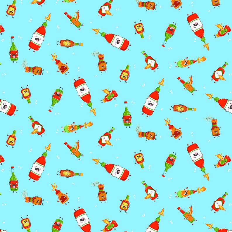 May include: A seamless pattern featuring cartoon hot sauce bottles and other food items on a light blue background. The hot sauce bottles are red and have various expressions on their faces. Some of the bottles are on fire, while others are holding other food items like a piece of toast or a green pepper.