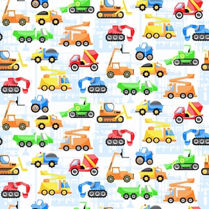May include: A repeating pattern of colorful construction vehicles, including excavators, dump trucks, and cement mixers, in shades of orange, yellow, blue, green, and red. The background is a light blue with a subtle industrial design.