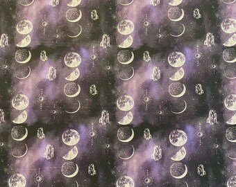 Mystereal Moon Phases and Geodes Halloween Cotton Fabric Spooky fortune teller psychic medium palmistry star signs FQ Fat quarter half BTY