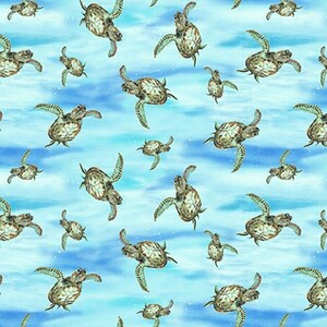 May include: A seamless pattern featuring watercolor-style sea turtles swimming in a blue and green ocean. The turtles are brown and green with a light blue background.