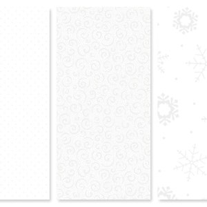 May include: Three white digital paper designs. The first design has a white background with small gray dots. The second design has a white background with a repeating pattern of gray swirls. The third design has a white background with a repeating pattern of gray snowflakes.