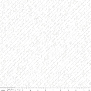 May include: White fabric with a subtle gray pattern of handwritten script. The fabric has a ruler with inches marked along the bottom.