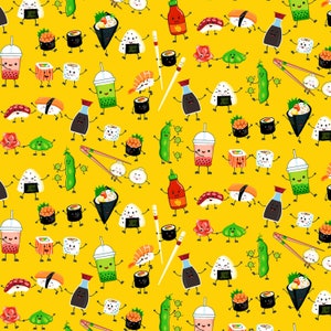 May include: A yellow background with a repeating pattern of various cartoon food items, including sushi, rice balls, edamame, shrimp, and boba tea. The food items are all smiling and have arms and legs.