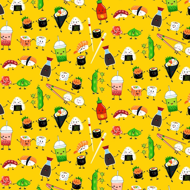 May include: A yellow background with a repeating pattern of various cartoon food items, including sushi, rice balls, edamame, shrimp, and boba tea. The food items are all smiling and have arms and legs.
