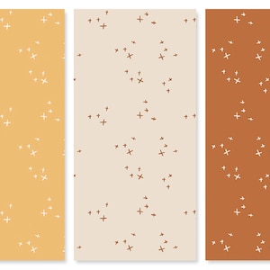 May include: Three vertical panels with a repeating pattern of white plus signs on a solid background. The panels are in shades of yellow, beige, and brown, creating a cohesive and minimalist design. This pattern is suitable for various applications.