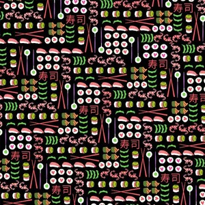 May include: A black background with a repeating pattern of sushi, chopsticks, shrimp, hearts, and the Japanese word "Sushi" in red.