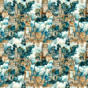 May include: A repeating pattern of watercolor castles and towers in shades of gold, teal, and white. The design features detailed architectural elements, clouds, and trees, creating a whimsical, dreamlike aesthetic. The overall theme is fantasy and architecture.