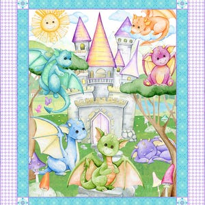 May include: A colorful illustration featuring a fairytale castle with multiple dragons. The dragons are in various colors, including blue, green, and purple. A smiling sun and mushrooms are also present. The image is framed with a teal and purple border.