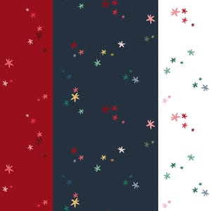 May include: A vertical triptych fabric pattern featuring three distinct color panels. The left panel is deep red, the center is dark navy blue, and the right is white. Each panel is scattered with small, hand-drawn style star shapes in red, white, yellow, and teal.