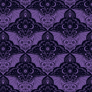 May include: A seamless pattern featuring a repeating design of bats with webbed wings, spiders, crescent moons, and stars in a purple colour on a dark blue background.