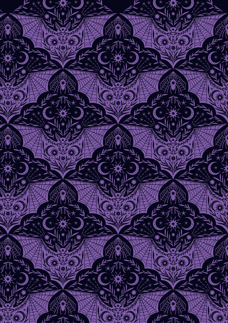 May include: A seamless pattern featuring a repeating design of bats with webbed wings, spiders, crescent moons, and stars in a purple colour on a dark blue background.