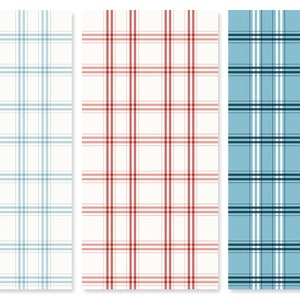 May include: Three different plaid patterns in blue, red, and white. The patterns are all the same size and have a simple, classic look.