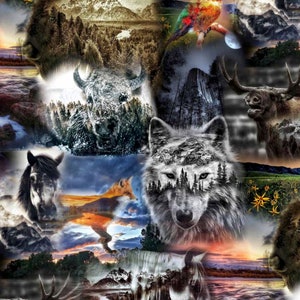 May include: A colorful collage featuring a wolf, a bison, a moose, a horse, a fox, a hummingbird, and a mountain landscape. The image is a mix of nature and wildlife, with a focus on the wolf's face.