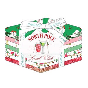 May include: A stack of fabric squares with a festive Christmas theme. The fabrics feature patterns of Santa Claus, Christmas trees, and cocktail glasses. The label reads "North Pole Social Club" and "Camelot".