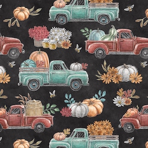 Trucks with Pumpkins Cotton Fabric, Late Summer Harvest 3313-99 Blank, Fall Autumn Thanksgiving FQ Fat Quarter BTY By Yard Precuts Red Truck