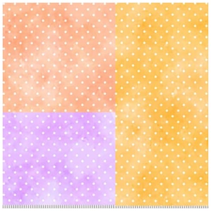 May include: A patchwork design featuring four sections with a watercolor effect. The top left is peach, the top right is yellow, and the bottom left is lavender. Each section has a pattern of small white polka dots.