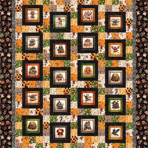 May include: A rectangular quilt featuring a grid of twenty square panels, each displaying a unique illustration of a monster or Halloween-themed character. The panels are framed in black and surrounded by a patchwork of orange, green, and black fabric.