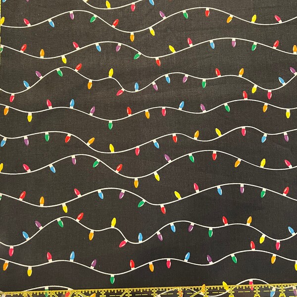 Festive Bright Holiday Lights on Black- Festive Christmas String Lights Cotton Fabric Cut to Size