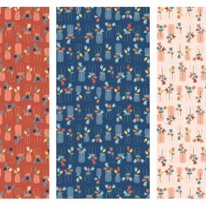 May include: Three different fabric patterns featuring a repeating design of stylized flowers in vases. The patterns are in shades of red, blue, and pink.