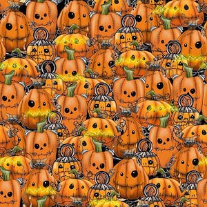 May include: A repeating pattern of orange pumpkins with stitched details, green stems, and metallic silver hardware accents. The pumpkins feature various facial expressions with dark eyes and mouths, set against a solid black background.