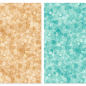 May include: Two seamless patterns featuring a variety of buttons in different shapes, sizes, and colors. The patterns are on a light brown and light blue background.