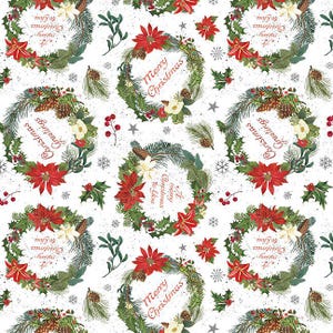 May include: A repeating pattern of Christmas wreaths on a white background. The wreaths feature red poinsettias, pine needles, pine cones, and the text "Merry Christmas" and "A Merry Christmas to You".