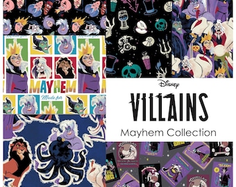 Disney Villains Mayhem Cotton Fabric, Licensed Disney Camelot Fabrics, FQ Fat quarter, eighth half BTY by the yard Halloween