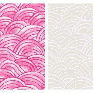 May include: Two images of a repeating pattern of pink and white waves. The first image is a pink wave pattern with white outlines. The second image is a white wave pattern on a light beige background.
