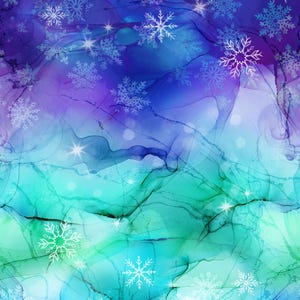May include: Abstract digital art background with a winter theme. The image features a blend of blue, teal, and purple hues, with white snowflake designs scattered across the surface. The artwork has a watercolor-like effect with a flowing, fluid appearance.