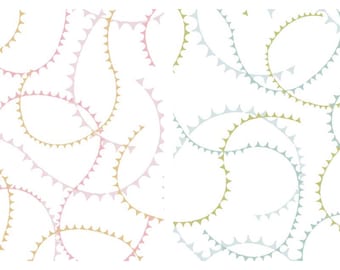 May include: Abstract pattern featuring overlapping curved lines with a scalloped edge. The lines are in shades of pink, gold, and white, and also in shades of green and blue. The design is set against a white background.