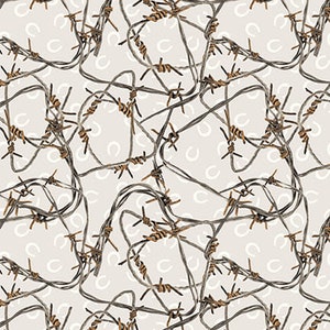 May include: A seamless pattern featuring intertwined barbed wire in shades of gray and brown against a light beige background. White horseshoe shapes are scattered throughout the design, creating a rustic and textured aesthetic.