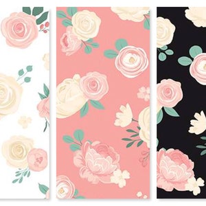 May include: Three seamless patterns featuring pink and white flowers on different backgrounds. The first pattern has white flowers on a white background. The second pattern has pink flowers on a pink background. The third pattern has pink flowers on a black background.