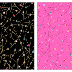 May include: Two abstract patterns with colorful circles connected by thin black lines. The pattern on the left is on a black background and the pattern on the right is on a pink background.