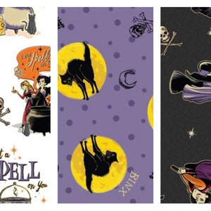 May include: Three different fabric patterns featuring a witch, a black cat, and a cauldron. The first pattern is white with black and orange illustrations. The second pattern is purple with black illustrations of a black cat and a crescent moon. The third pattern is black with purple and orange illustrations of a witch flying on a broomstick.