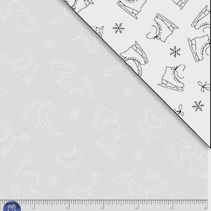 May include: Two fabric samples with a winter theme. One side features a light gray background with white outline drawings of ice skates and snowflakes. The other side has a white background with black ice skate and snowflake outlines. The text "RAMO 5970 W" is visible.