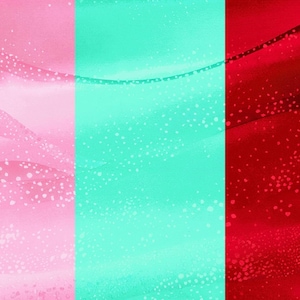 May include: Abstract watercolor design featuring three vertical panels. The left panel is pink with white speckles, the center is teal with white speckles, and the right panel is red with white speckles. The design has a flowing, organic feel.