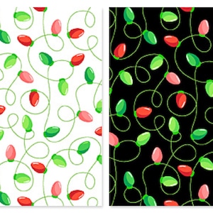 May include: Two seamless patterns featuring Christmas lights. One pattern has a white background with red, green, and pink lights. The other pattern has a black background with the same colored lights. The lights are strung together with green wires.