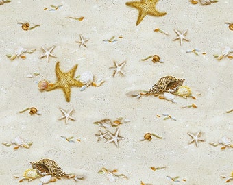 Starfish Cotton Fabric, Turtle March 1142-31 Henry Glass BTY FQ Fat Quarter Eighth By Yard Beach Ocean Seashell Conservation Summer Decor