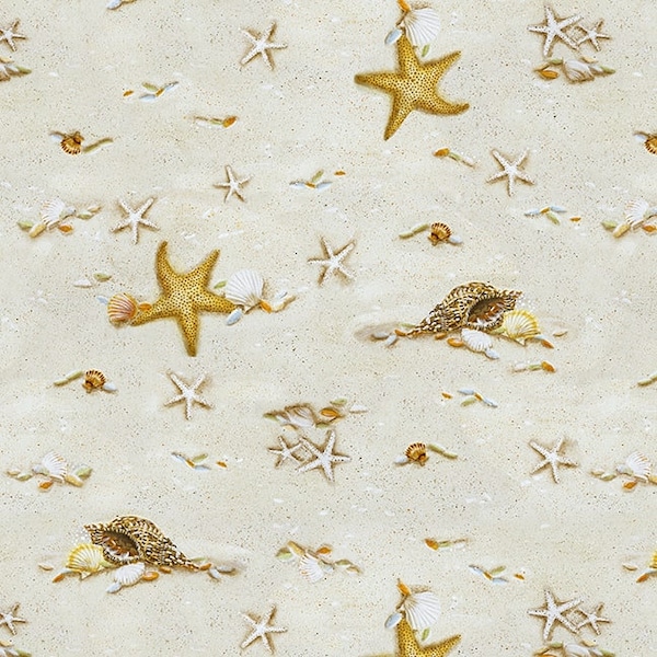 Starfish Cotton Fabric, Turtle March 1142-31 Henry Glass BTY FQ Fat Quarter Eighth By Yard Beach Ocean Seashell Conservation Summer Decor